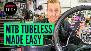 How To Convert Your MTB Wheels To Tubeless  Mountain Bike Tubeless Setup [upl. by Noyad]