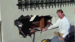 Repair a hole in an exterior stucco Wall My dads first video [upl. by Atel949]