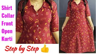 Shirt Collar Front Open Kurti Cutting and Stitching step by step [upl. by Dis]