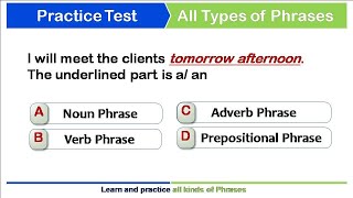 Quiz on Types of Phrases  Test your knowledge of Phrases  Phrases Test in English Grammar [upl. by Elwira151]