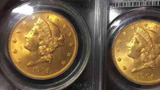 Comparing four 20 gold liberty double eagle coins PCGS grades MS62 [upl. by Karry562]