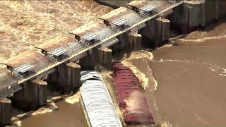 Runaway Barges Sink After Hitting Dam in Oklahoma [upl. by Bulley570]