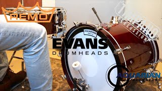 Aquarian vs Evans vs Remo 73 heads  ULTIMATE Bass Drum Head Comparison  Timpano Percussion [upl. by Jocelyne]