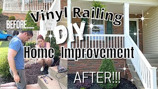 TIPS FOR INSTALLING VINYL RAILING  DIY HOME IMPROVEMENT  Front Porch Railing Makeover Project [upl. by Aelhsa]