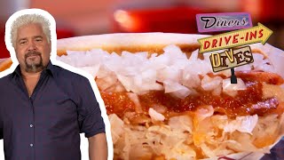 Guy Fieri Tries a quotNew Englanderquot Hot Dog  Diners DriveIns and Dives  Food Network [upl. by Aihsyt124]