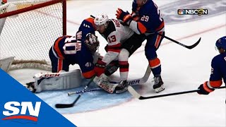 Devils’ Nico Hischier Wins Face Off Drives To Net To Score [upl. by Loralee]