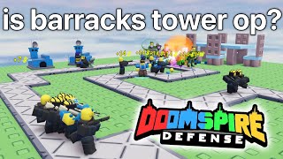 Barracks Tower Review Doomspire Defense REWRITE  ROBLOX [upl. by Mouldon]