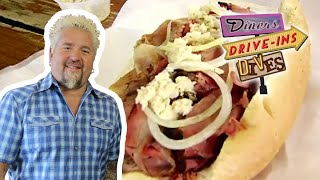 Guy Fieri Eats Pit Beef in Baltimore  Diners DriveIns and Dives  Food Network [upl. by Zendah]