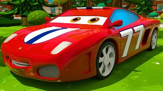 Red Race Car amp Yellow Tow Truck  First Race  Motorville  3D Cars Cartoon for Kids [upl. by Ellita]