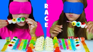 ASMR Candy Race with Closed Eyes Gummy Eyeballs Jelly Straws Peeps Marshmallow [upl. by Yahsel]