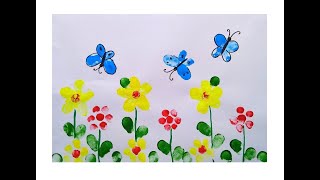 HOW TO DRAW FLOWERS AND BUTTERFLY WITH THUMBPRINT  HOW TO MAKE FINGERPRINT DRAWING SCENERY [upl. by Gabrielli]