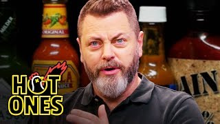 Nick Offerman Gets the Job Done While Eating Spicy Wings  Hot Ones [upl. by Arihsan]