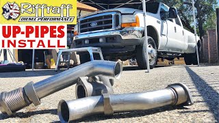 2001 F350 73  RiffRaff UpPipes Install  Stock up pipes leaking and falling apart JUNK SP [upl. by Yvel]