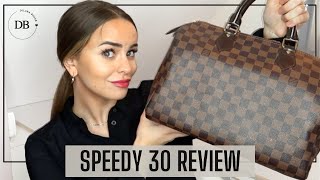 LOUIS VUITTON SPEEDY 30 DAMIER EBENE REVIEW  WHATS IN MY BAG  DILARA BOSAK [upl. by Eralcyram999]