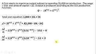 Lagrangian Maximizing Output from CES Production Function with Cost Constraint [upl. by Eninahpets]