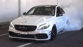 TUNED Mercedes C63 AMG in Monaco  Burnouts amp LOUD Exhaust Sounds [upl. by Teraj]