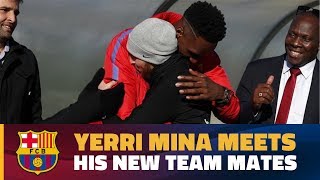 Yerry Mina greets his fellow Barça players for the first time [upl. by Ayocat]